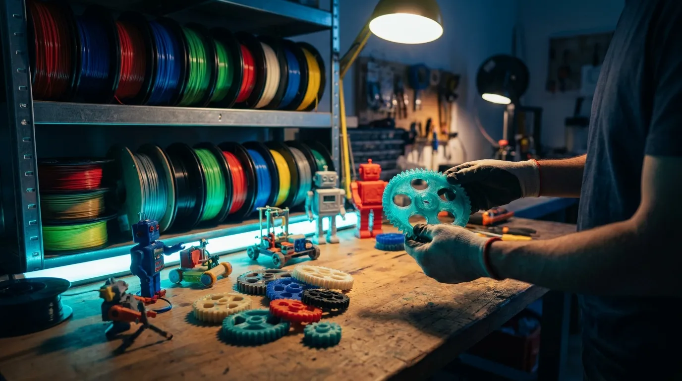 Taller de impresión 3D con piezas impresas y rollos de filamento